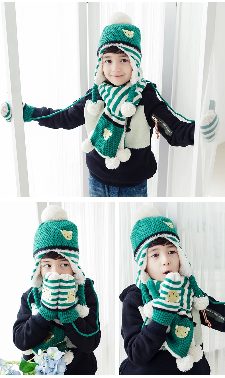 Зимняя детская шапка, шарф, варежки, комплект, Модная вязаная шапка в полоску для маленьких детей, теплые перчатки, костюмы для мальчиков и девочек