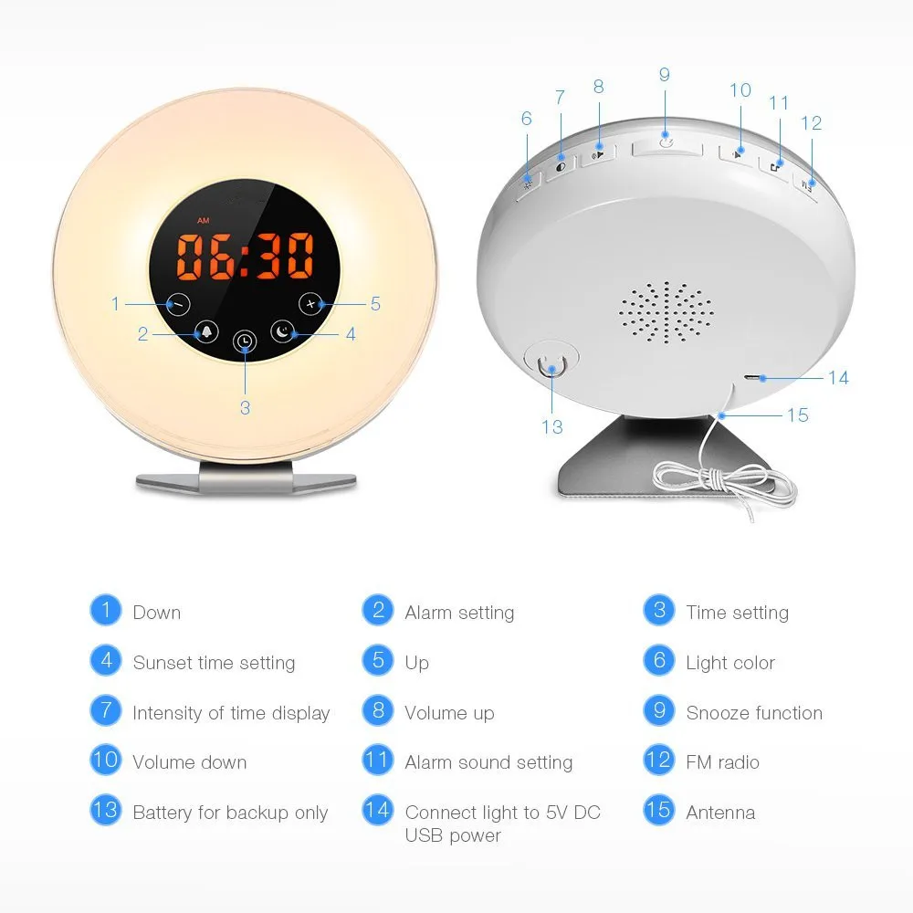 Светильник-будильник с функцией восхода солнца/заката, цифровые часы с fm-радио, 7 цветов, светильник с функцией сенсорного управления