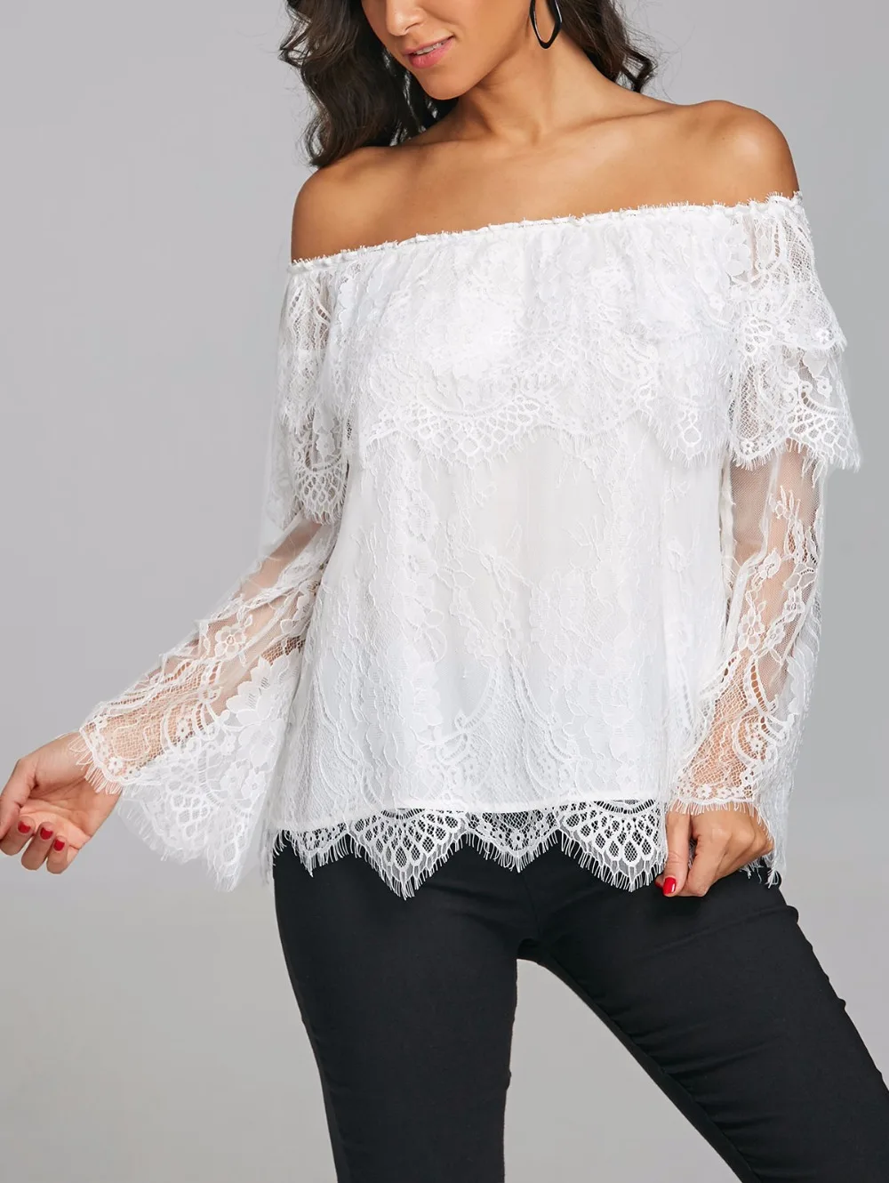 VESTLINDA Lace Blouse Off The Shoulder Tiered Bell Sleeve Women Blouse Summer Top Female Clothing 2018 Fashion Blusas Femme Tops 4