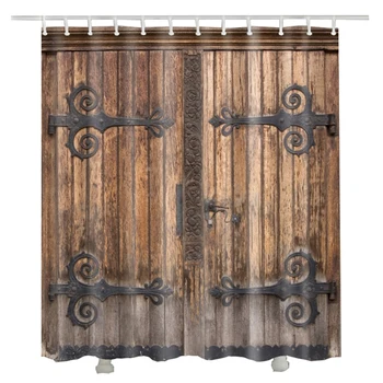 

Vintage Wood Door Shower Curtain Europe Style Retro Door Luxury Video props Bathroom Curtains
