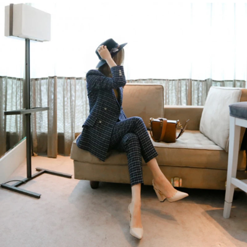 Fashion 2018 New Business Pant Suits Set Blazers Formal Women OL Elegant Plaid 2 Piece Sets Uniform Jackets Set / High Quality