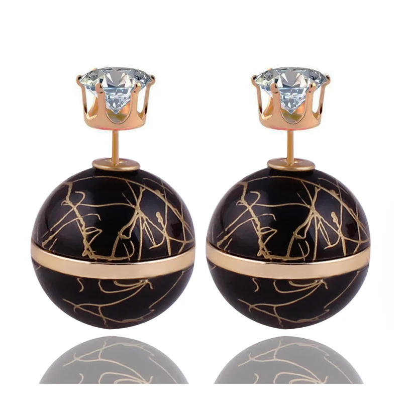 

2016 Classic Brushed Metal Ferrule Double Sides Big Pearl Stud Earrings Unique Design Gold Crysta Crown Ball Earrings For Women