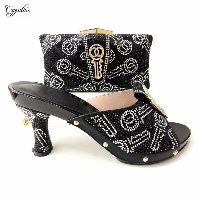 

Graceful African black high heel pump shoes and handbag sets fashion party sandals with bag set 6636-9, heel height 9cm