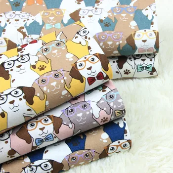 

half yard import cotton linen fabric with cartoon glass dog print, handmade DIY patchwork garment bag cloth A659