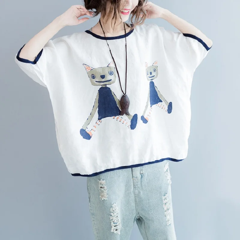 

2019 Fashion Loose Summer Plus Size Women Tops Round Neck Lovely Cat Pattern Tee Shirts Black White Linen Casual Female T-shirt