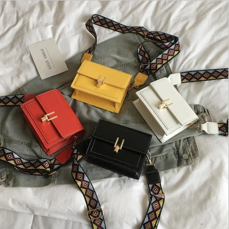 

2019 new women's bag Joker solid color PU women's bag fashion wide shoulder strap shoulder Messenger bag qq037