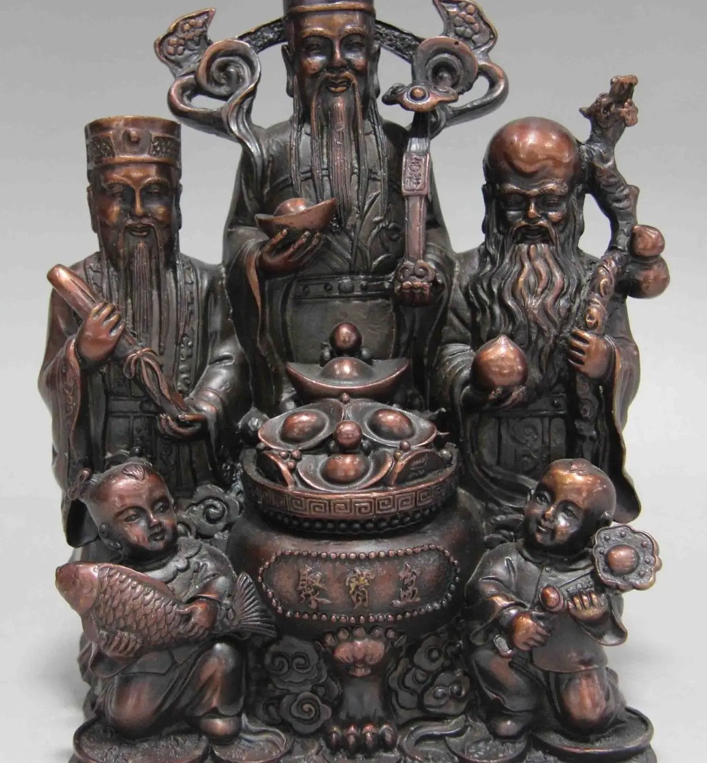 

Red Copper Bronze Wealth YuanBao Fukurokuju Three Longevity God Buddha Statue