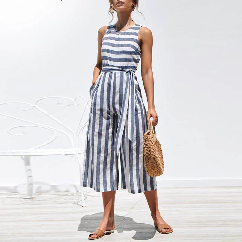 2019-Summer-Women-Belt-Wide-Leg-Jumpsuit-Lace-Up-O-Neck-Striped ...