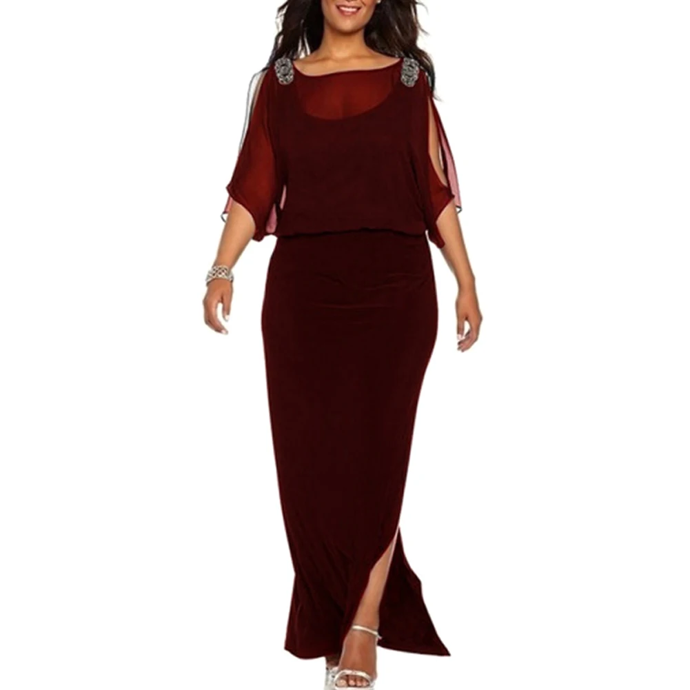 Женское платье сплошной цвет сплит подол Длинное Макси платье с рукава средней длины размера плюс-MX8 - Цвет: Красный