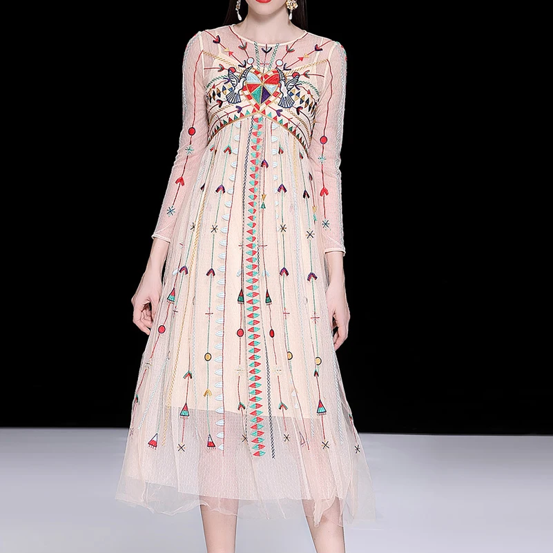 

High quality 2019 designer summer fashion runway dress Women's Long Sleeve Mesh Embroidered Sweet Elegant Casual Mid-Calf Dress