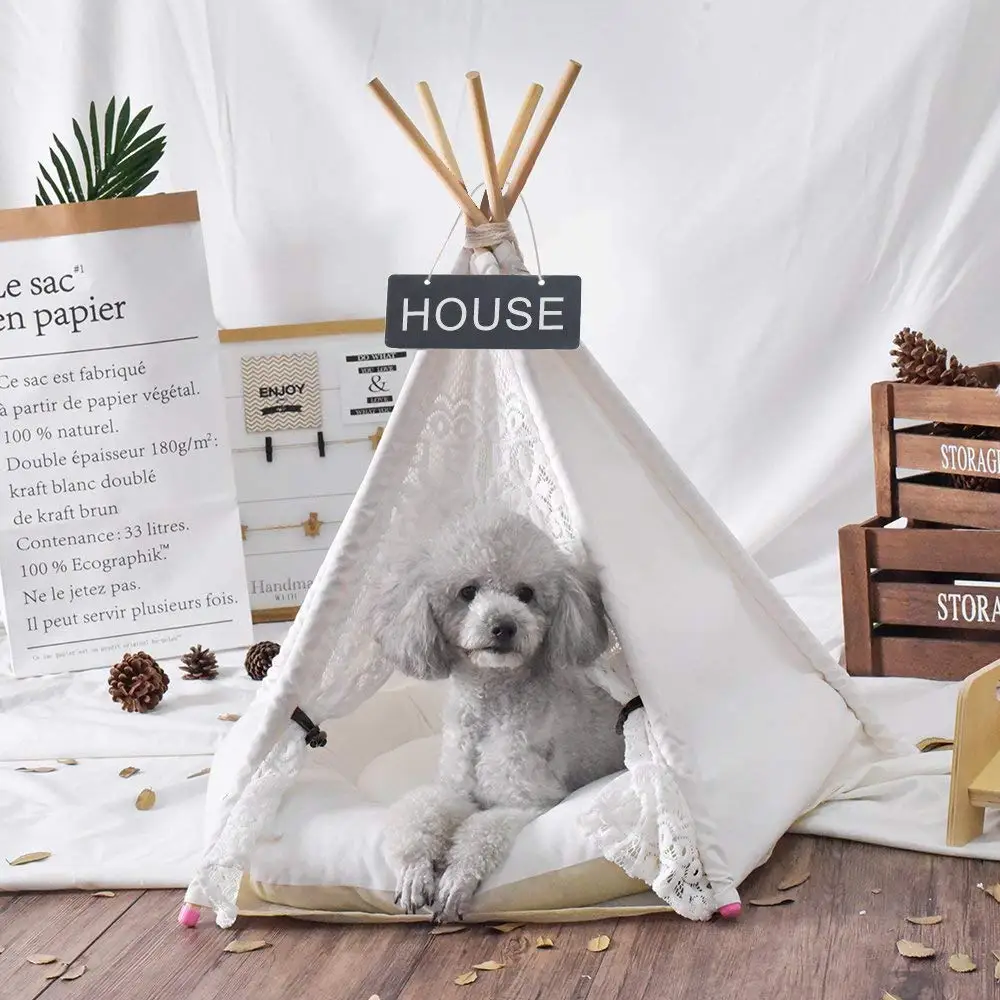White Canvas Lace Pet Teepee Dog Teepee Dog Tent Cat Tipi 20" Without