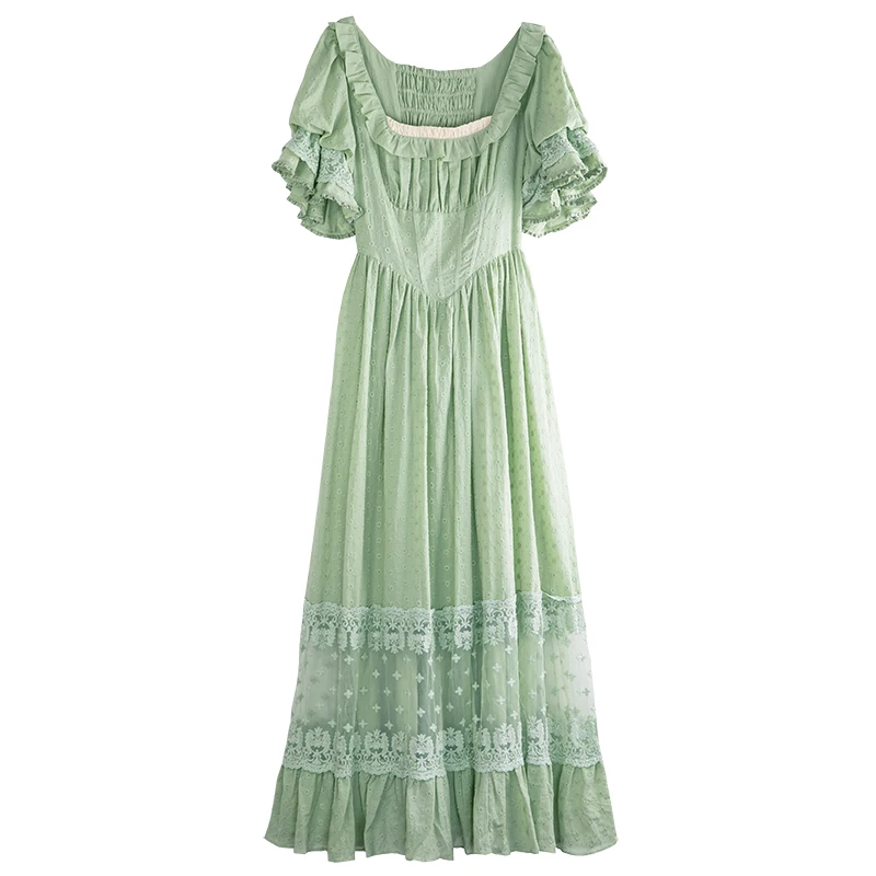 

YOSIMI 2019 Summer Women Dress Vintage Cotton and Lace Long Women Dress Tunic Prairie Chic Style Green Mid-calf Evening Party
