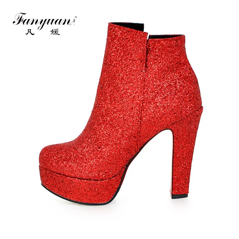 

Fanyuan Ankle Short Boots Arrival Glitter Bling Square Toe Winter Boots Thick High Heels European Fashion Wedding Party Women