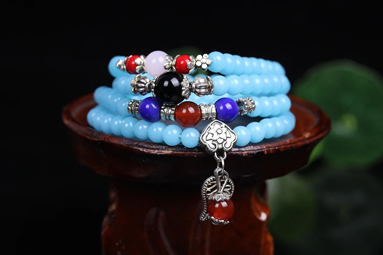 New Fashion 6mm Blue Chalcedony stone beads Tibetan Buddhist 108 Prayer Beads Gourd mala Prayer Bracelet for Meditation Fine Jewelry