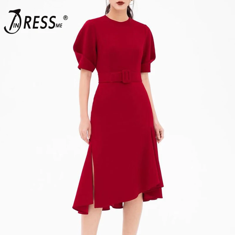 INDRESSME Новое асимметричное платье с пышными рукавами рюши пояс сексуальное модное