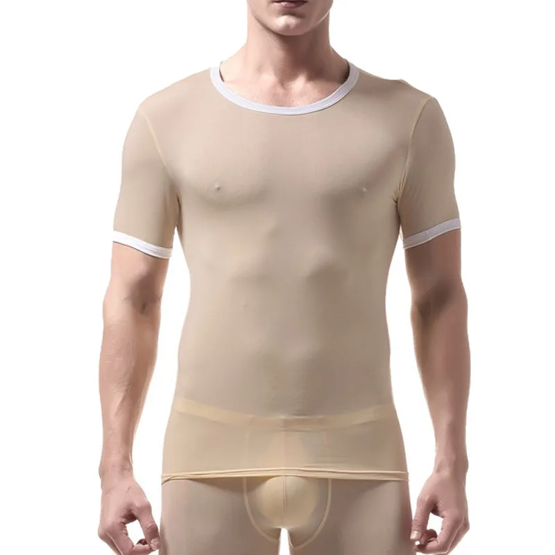 Шелковые майки, футболки, топы, сексуальные мужские футболки для фитнеса, прозрачные с коротким рукавом, одноцветные Майки, футболки, мужские прозрачные пижамы - Цвет: nude