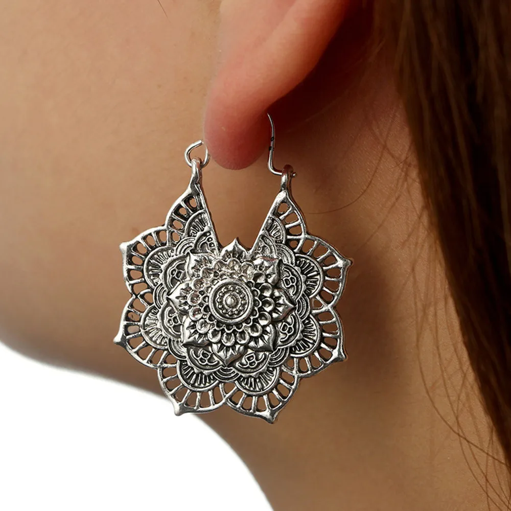 

Boho Styles Hollow Out Antique Silver Tone Gypsy Tribal Ethnic Drop Dangle Earrings For Women Mandala Flower Earrings@50