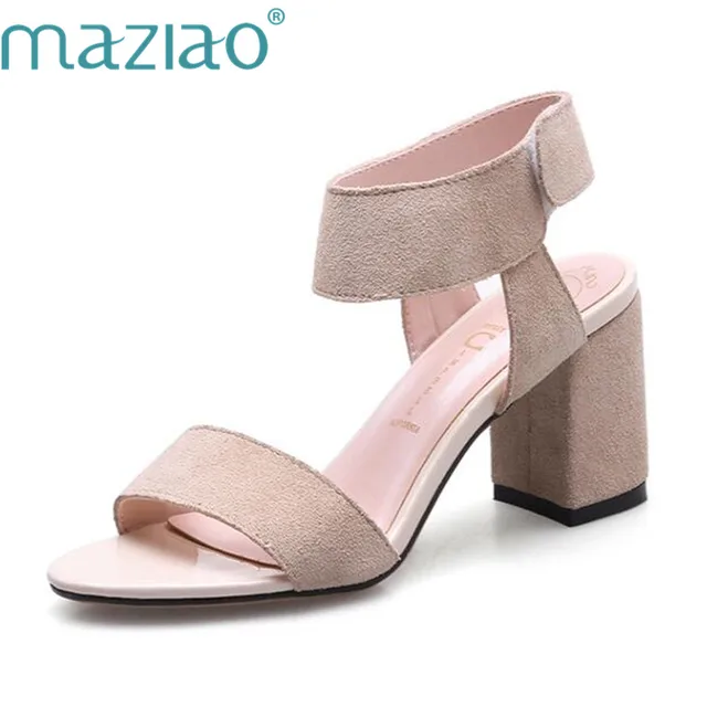 MAZIAO New Summer Women Square High Heels Cow Suede Ladies Gladiator Sandals Casual Genuine Leather Shoes Woman Plus Size 31-43