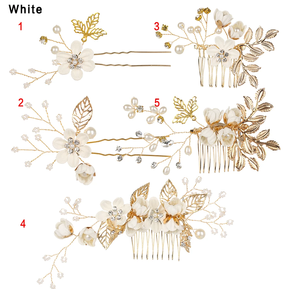 Белый цветок гребни для волос головной убор искусственный жемчуг Выпускной Свадебные аксессуары для волос Золотые листья украшения для волос шпильки для волос