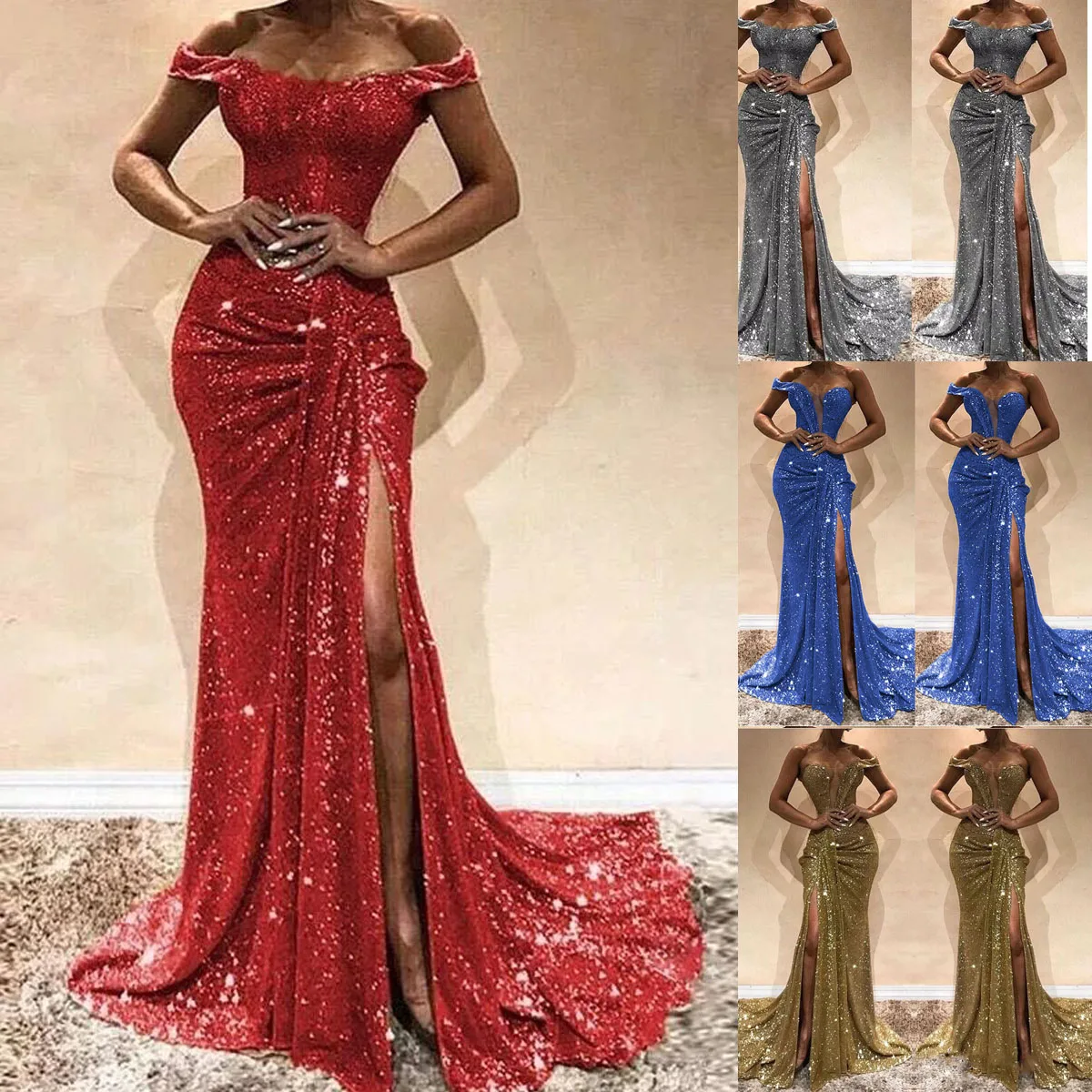 Women Formal Off Shoulder Paillette Wedding Evening Party Ball Prom Gown Shiny Long Maxi Dress