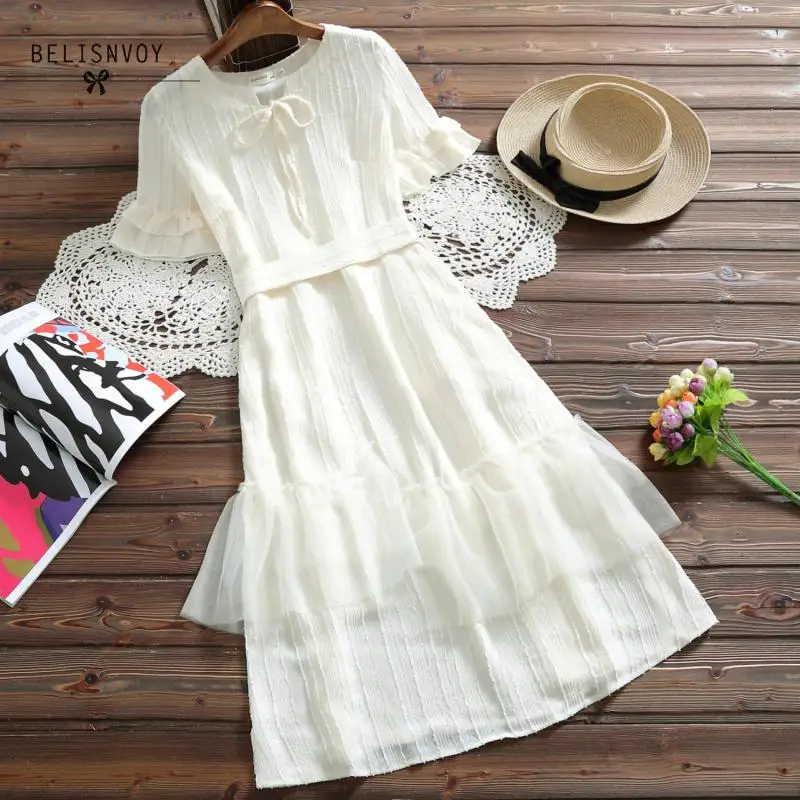 

Mori Girl Summer Princess Elegant Women Dress Patchwork Mesh Femininos Vestidos Lace Up Short Sleeve Casual Vintage Sashes Dress