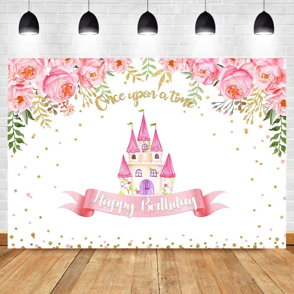

Fairy Tales Backgdrop Castle Birthday Party Photography Background Pink Flower Girls Birthday Dessert Table Decorations Props