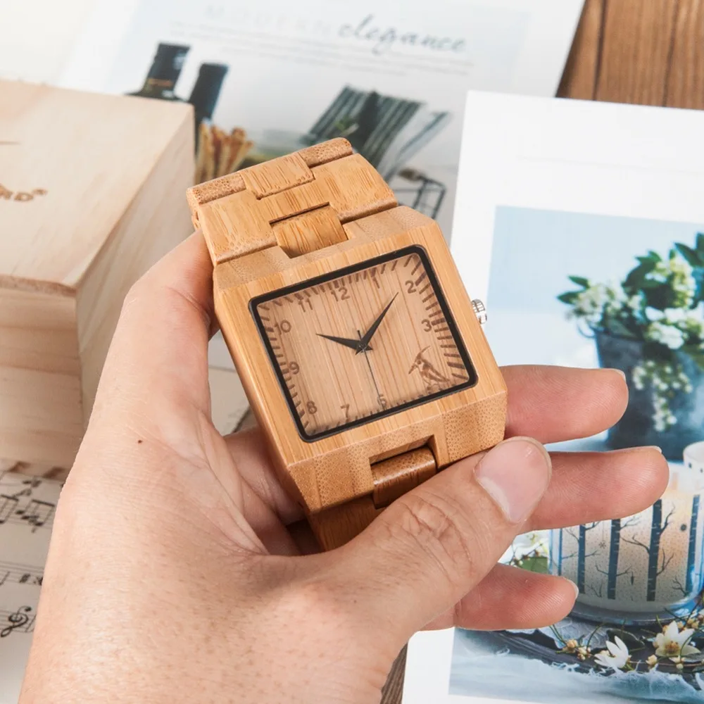 BOBO BIRD L-L22 Fashion Men Square Bamboo Wooden Watches with BOBO BIRD Pattern on the Dial Face Uomo Orologio in paper box