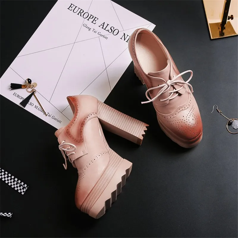 2019 Spring Fashion Women Pumps Platform Heels Rubber Black Lady Casual Brogue Shoes Leather Lacing High Heels Footwear Big Size (16)