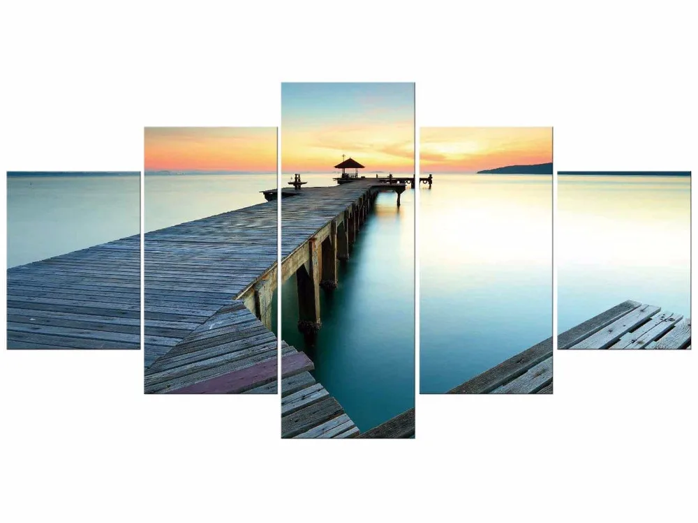 

5 Pieces Painting Canvas Sunrise On Sea Bridge Modern Wall Pictures Beautiful Lanscape Art For Living Room Decor Framed