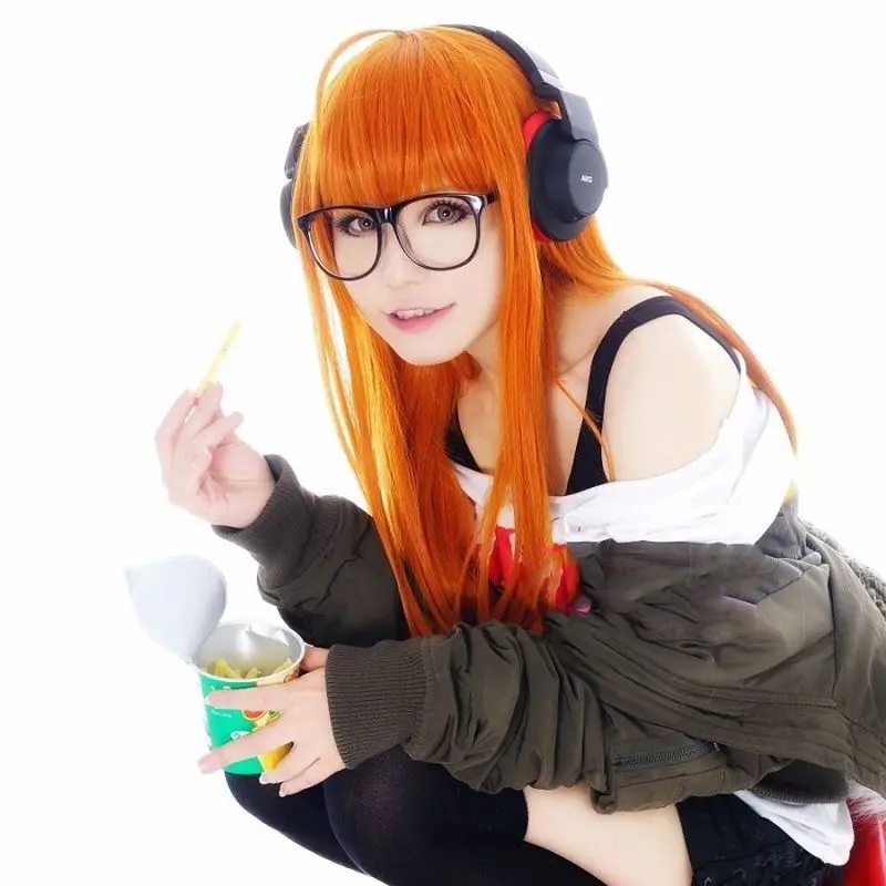 P5 Persona5 Futaba Sakura Cosplay Long Straight Citrus Orange Hair