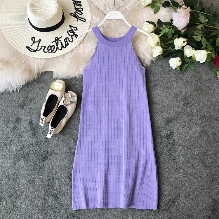 

Korean Fashion Sleeveless Pit Knitted Dress Skinny Women's Vest Solid Color Package Hip Vestidos G925