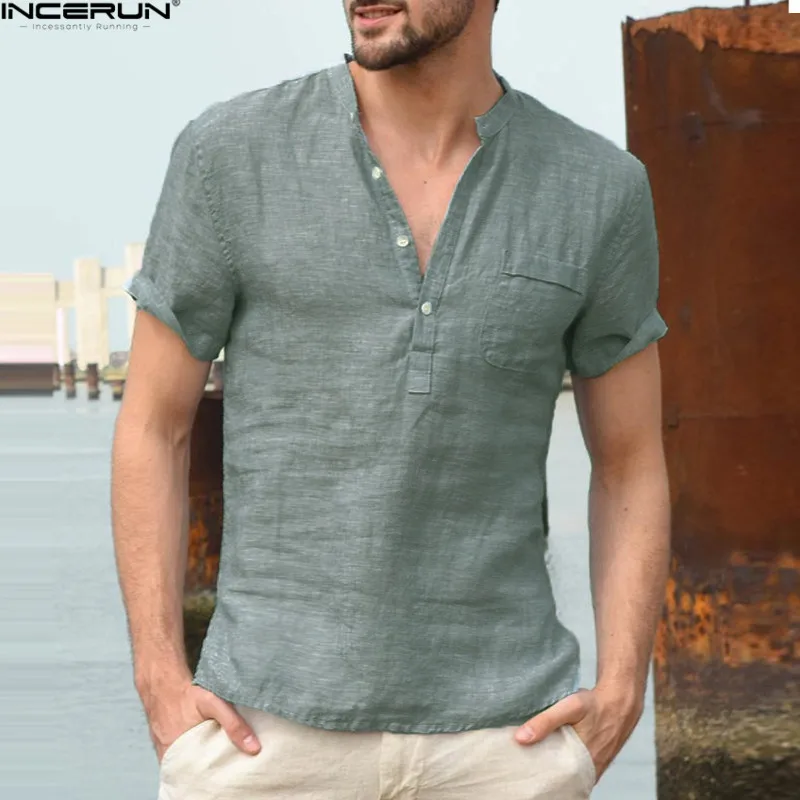 INCERUN, летняя мужская рубашка с коротким рукавом, брендовые модные мужские рубашки, льняная рубашка со стоячим воротником, небесно-голубая рубашка, Мужская сорочка, Camisas Masculina