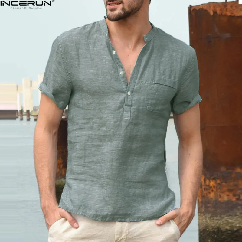 INCERUN Summer Short Sleeve Shirt Men Brand Fashion Men Shirts Flax Stand Collar Sky Blue Shirt Mens Chemise Camisas Masculina