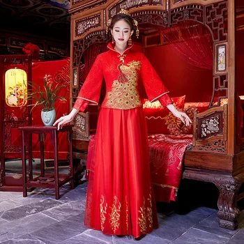 

Retro Mandarin Collar Cheongsam Chinese Women Wedding Dress Traditional Suzhou Embroidery Qipao Noble Peacock Gowns Vestidos