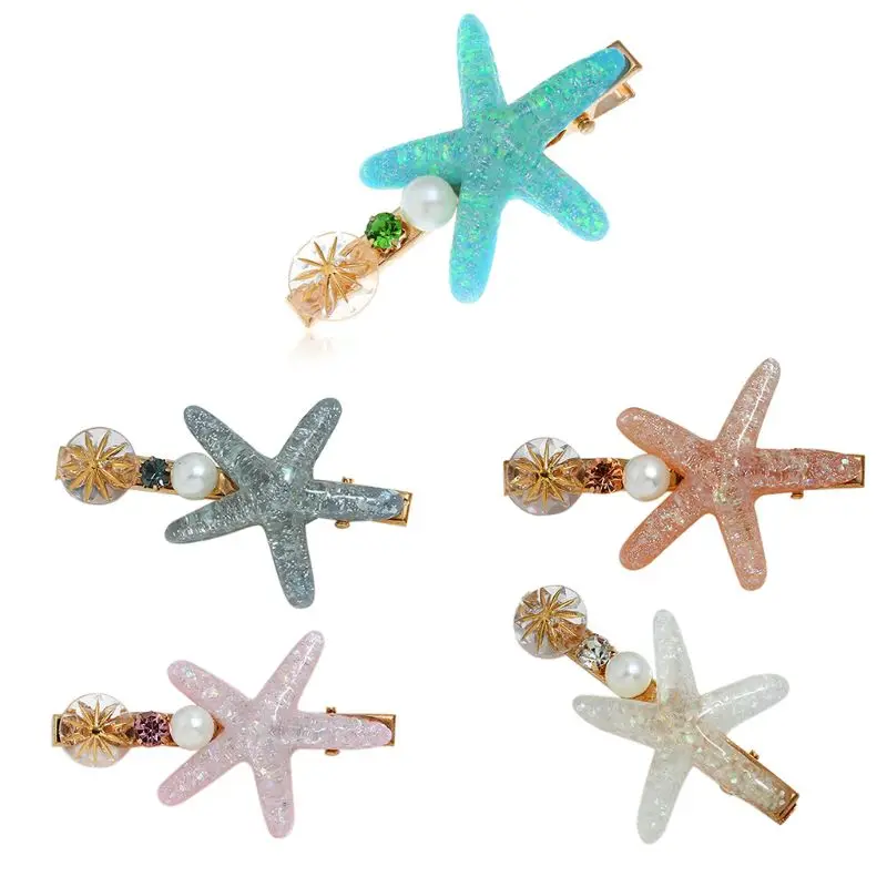 

Summer Ocean Style Hair Alligator Clips Shimmer Resin Starfish Imitation Pearl Hairpin Women Girls Vacation Side Bangs Barrettes