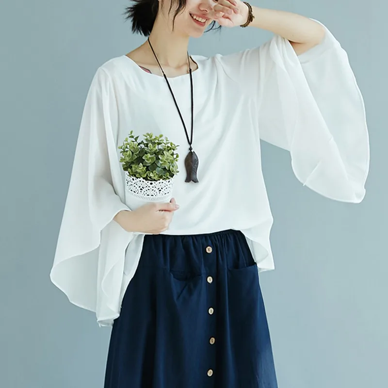 

Mferlier Woman Blouse O Neck Three Quarter Flare Sleeve Loose Casual Irregular Chic Female White Black Summer Ladies Blouses