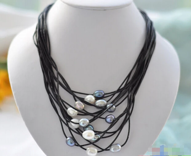 

Free shipping@@@@@ P3855 15row 17-20" 13mm white black rice pearl leather necklace