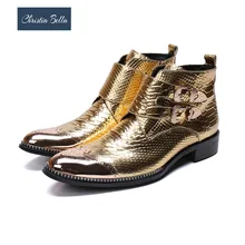 Christia Bella/Новинка; Дизайнерские мужские ботильоны из натуральной кожи золотистого цвета; мужские вечерние модельные ботинки из воловьей кожи с вырезами; ботинки в байкерском стиле с пряжкой