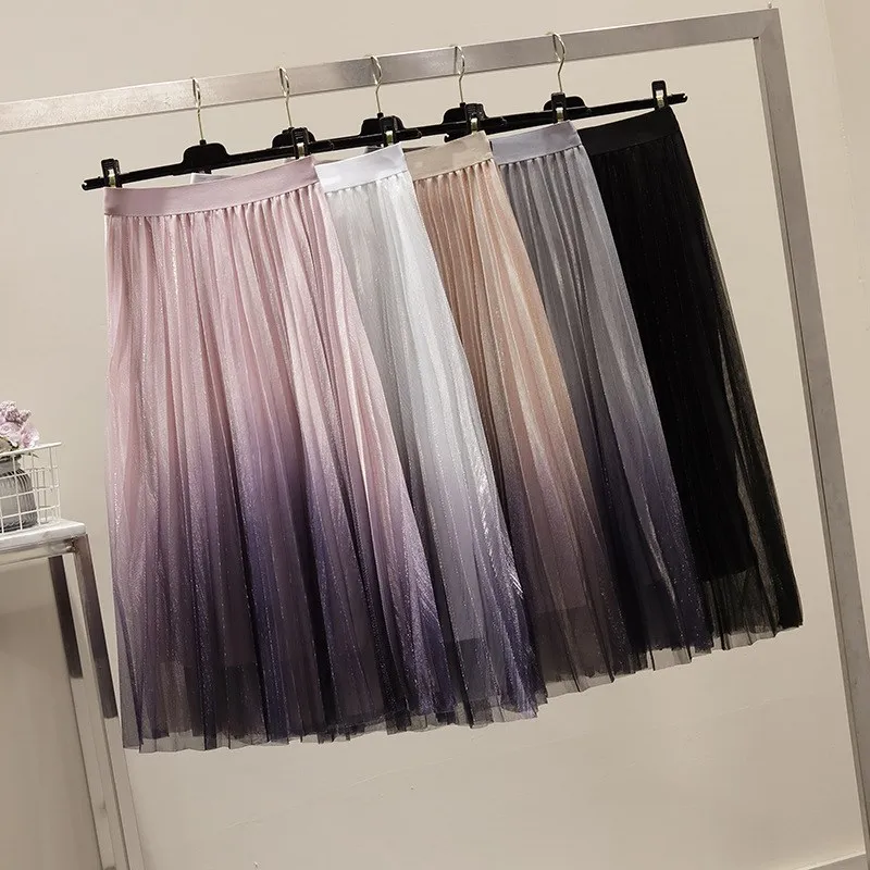 Горячая Распродажа Весна Лето Новинка Высокая талия плиссированные юбки ампир Женская мода градиент яркий шелк сетка А-силуэт юбка средняя юбка