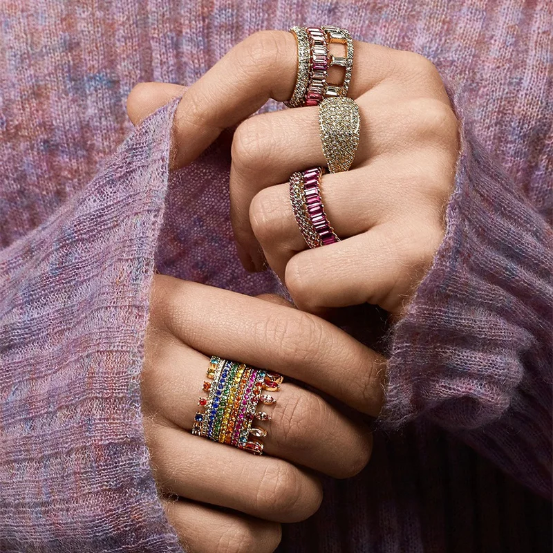 

JURAN 42 Colors Multicolor Baguette Ring Engagement Handmade Rainbow Cubic Zircon Rings For Women Accessories CZ Wedding Band