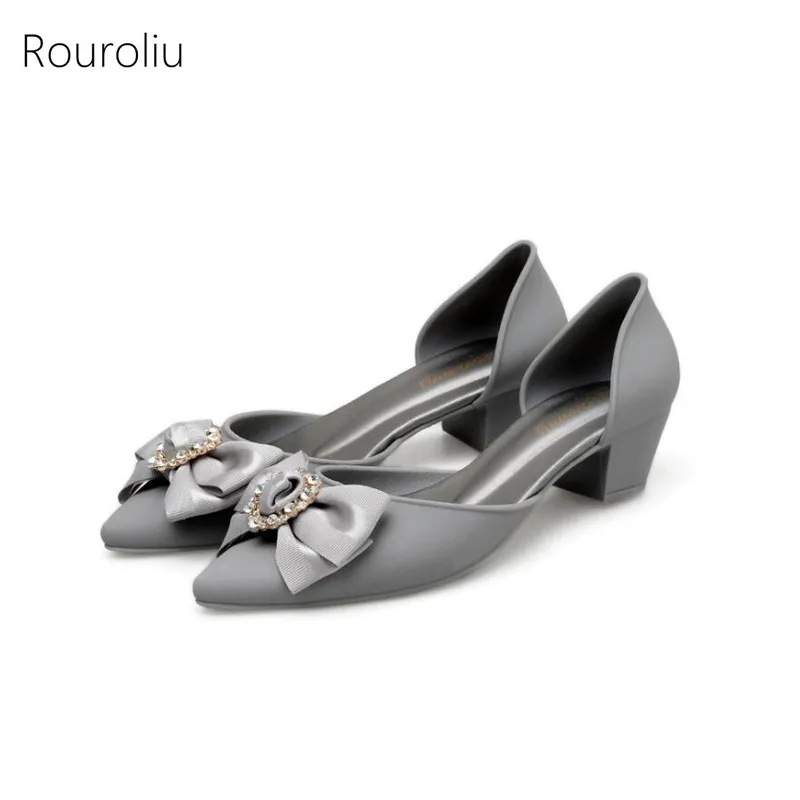 

Rouroliu Women Summer Mid Heel Sandals Metal Decoration Bowknot Jelly Shoes Woman Pointed Toe Casual Shoes Slip-On FR105