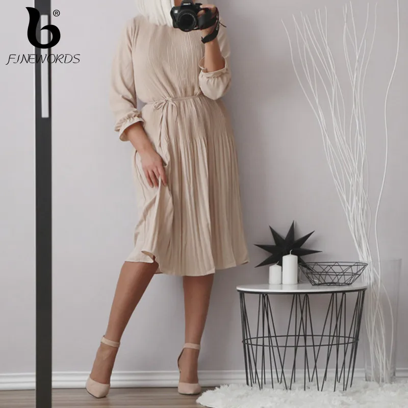 

FINEWORDS Spring 2019 Ladies Dresses Elegant White Office Knee Length Korean Dress Elegant New Arrival Casual vestido de festa