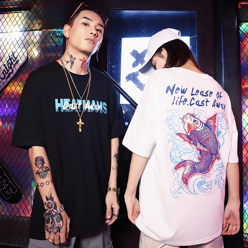 

Fashion Fish Print Black T-shirts Men Japanese Harajuku Causal Pattern Oversized O-neck/Broadcloth/Cotton Male Short Sleeve