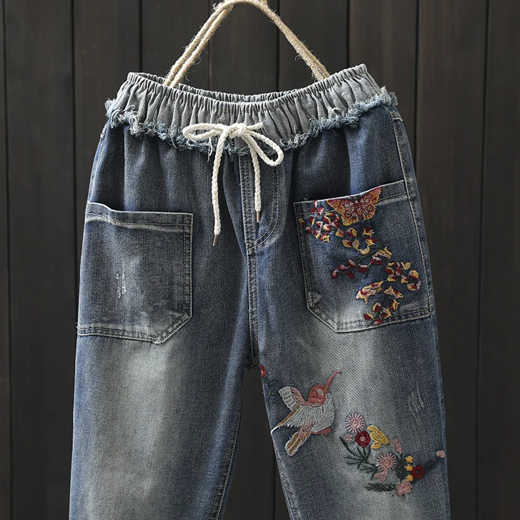 Женские Джинсы бойфренда с цветочной вышивкой размера плюс 3XL, джинсовые штаны на шнуровке и завязках, винтажные джинсы, Vaqueros Mujer, A419