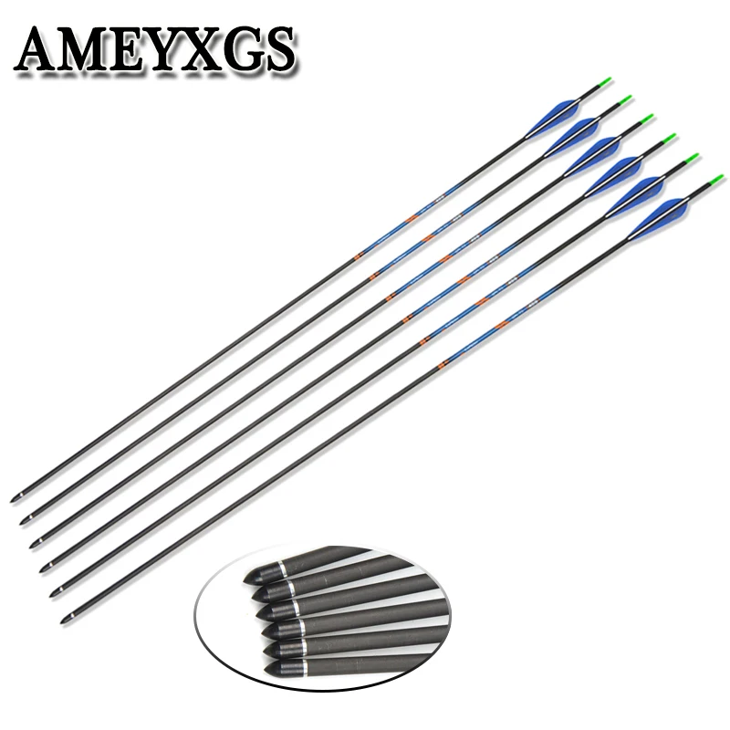 

6/12pcs Spine400 Pure Carbon Arrow Rubber feather Archery ID 6.2mm Hunting Compound Bow Recurve Bow Shooting Accessories