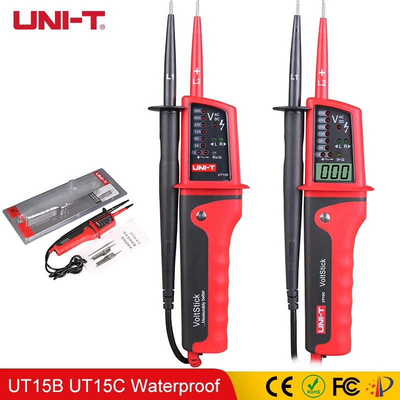 

UNIT-T UT15B UT15C Waterproof Voltage Detectors Meters Pen Beeper AC/DC V Continuity Phase Rotation Tester LED Light Indicator