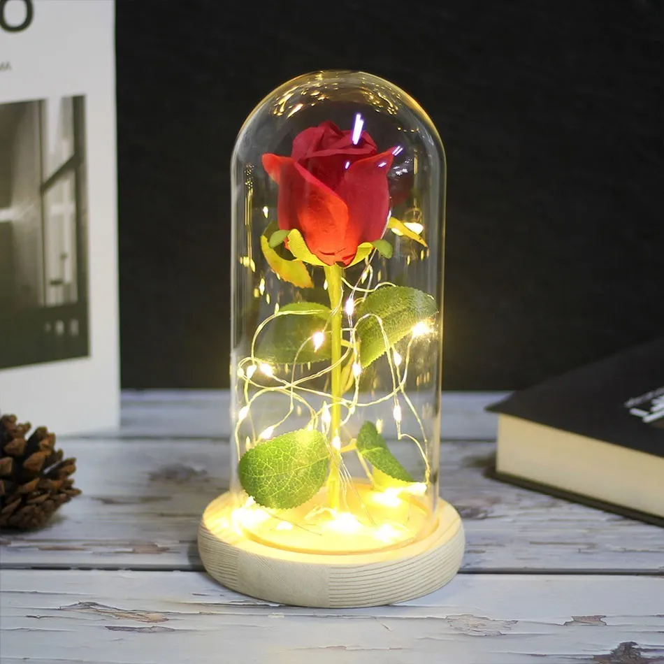 red Wood base Красота и красный зверь искусственные розовые цветы со светодиодной подсветкой творческие подарки на день Святого Валентина рождественский подарок домашний декор - Цвет: red Wood base