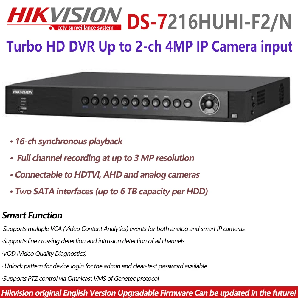 Hikvision английская версия DS 7216HUHI F2/N 16CH Turbo HD DVR Поддержка TVI IPC AHD и аналоговые камеры