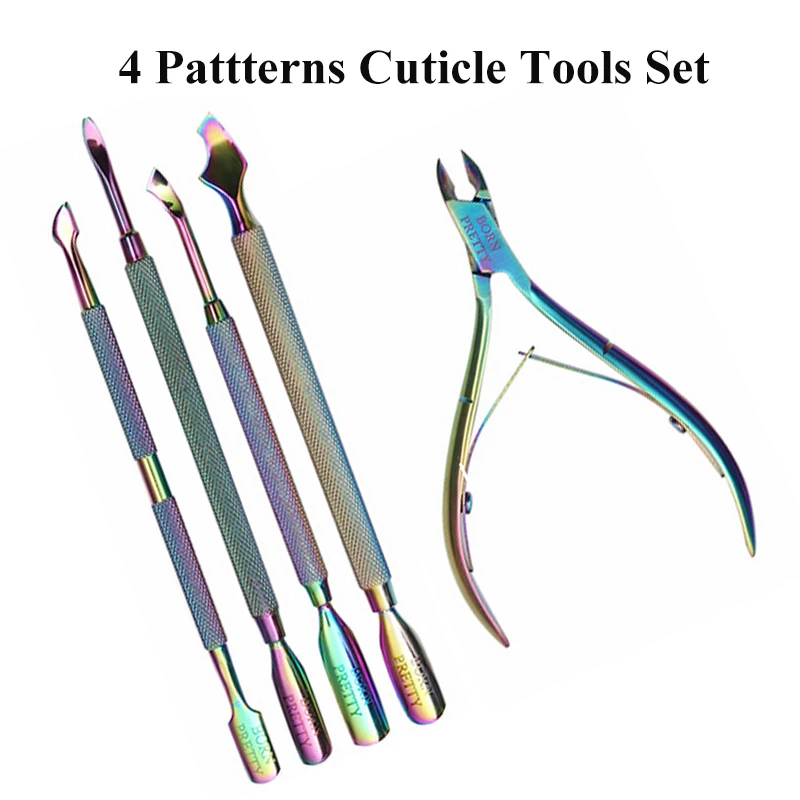 

BORN PRETTY 1Pcs Cuticle Pusher Remover with 1 Pcs Nipper Rainbow Stainless Steel Manicure Nail Art Tool Set - 4 Patterns