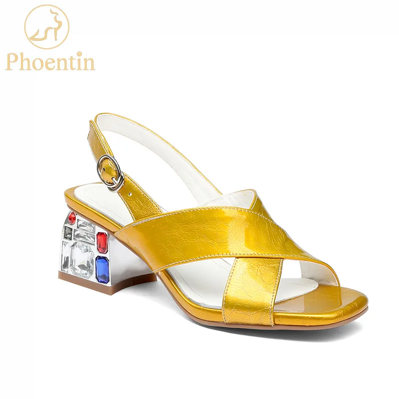 

Phoentin yellow designer sandals women luxury 2019 rhinestone sandals heels 6.5cm genuine leather white shoes woman summer FT673